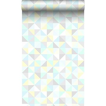 behang driehoekjes mintgroen, pastel geel, pastelblauw, licht warm grijs en glanzend zilvergrijs