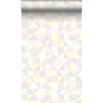 behang driehoekjes licht crème beige, licht warm grijs, pastel geel en glanzend licht beige