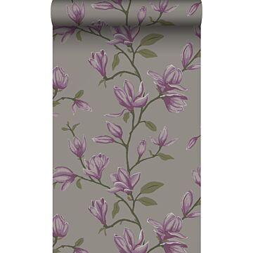 behang magnolia taupe en aubergine paars