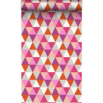 behang grafische driehoeken roze en oranje