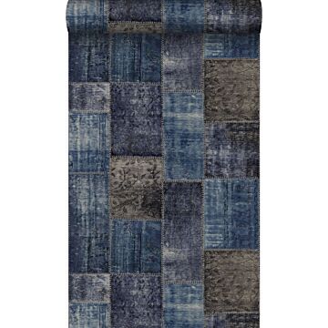 behang kelim patchwork taupe en blauw