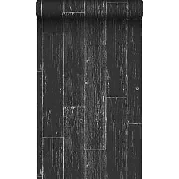 behang verweerde houten planken mat zwart en zilver