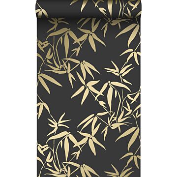 behang bamboe bladeren zwart en goud
