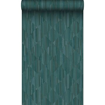 behang 3D-houtmotief petrolblauw