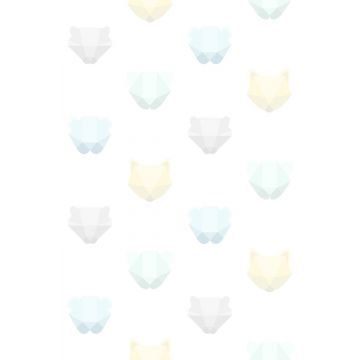 fotobehang dierenhoofden mintgroen, pastelblauw, pastel geel, licht warm grijs en mat wit